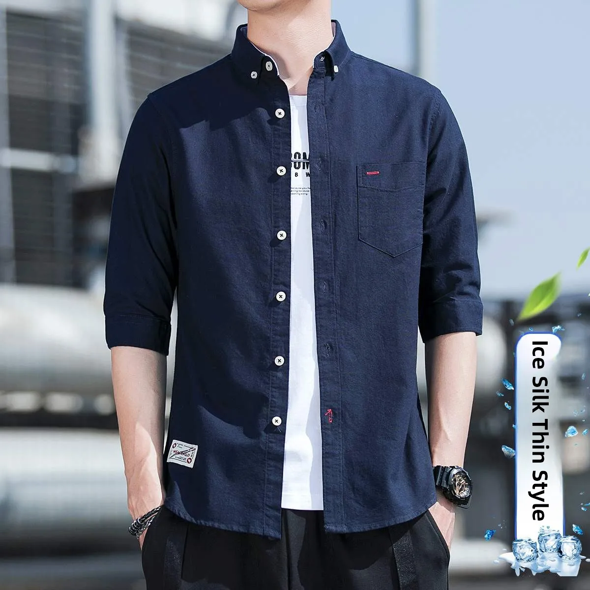 

Летняя тонкая повседневная рубашка из ледяного шелка для мужчин, с воротником-стойкой, свободного кроя, стандартного цвета, с рукавом три четверти, легкий топ