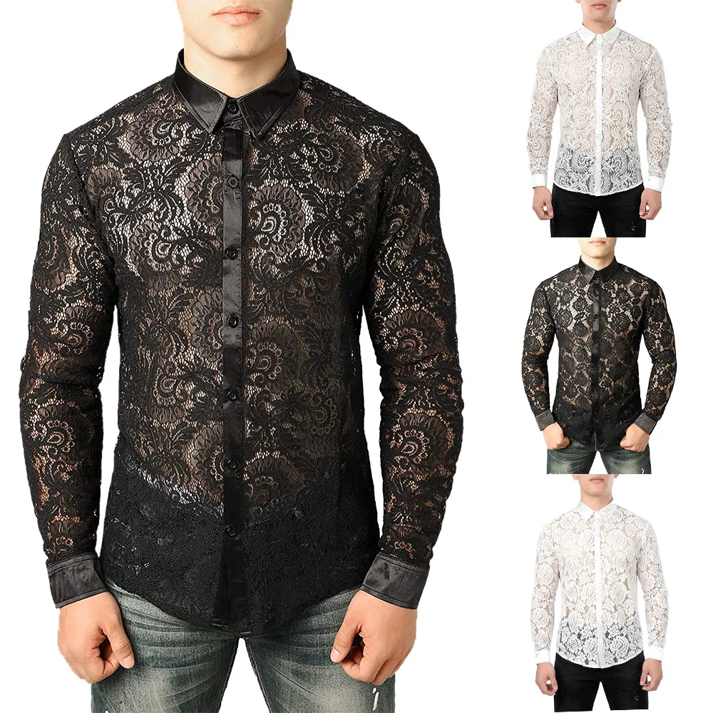 

Medieval Retro Style Men's Transparent Lace Shirt Long Sleeve Button-Up Floral Print Thickened Autumn Winter Casual Fashion