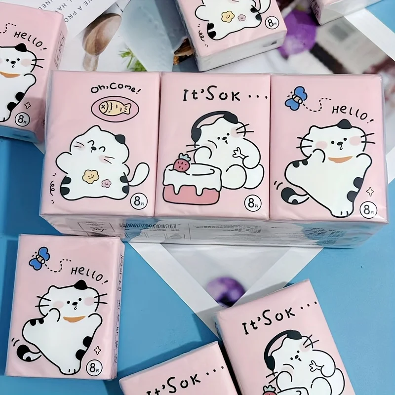 9ピース-ハッピーキャット-ポータブルティッシュセット-かわいい猫柄と面白い言葉入り