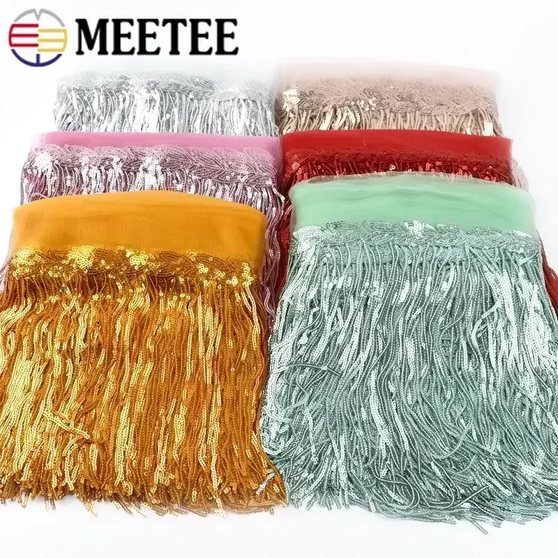 1/2/3Yards Meetee 20cm Sequin Fringe Tassel Lace Trim Glitter Ribbon DIY Dance Performance Clothing Decoration Sewing Material