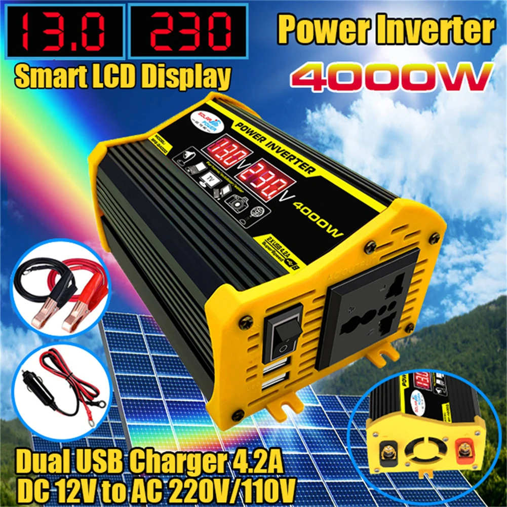 4000W Car Power Inverter DC 12V to AC 220V 110V Transformer Dual USB Charger Converter Car Adapter LCD Display Auto Inverters