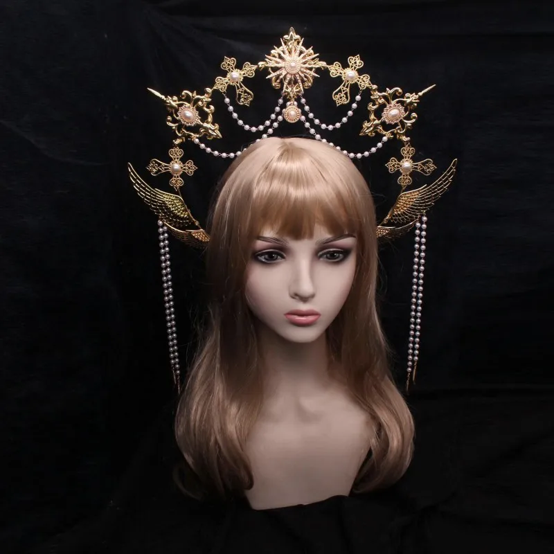 Virgin Mary Halo Crown Headpiece Lolita KC Headdress Angel Feather Wings Halo Goddess Headband Baroque Tiara Hair Accessories