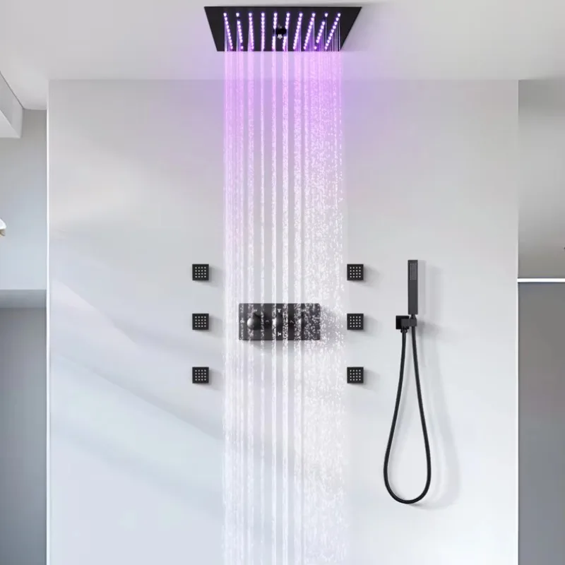 Robinet de douche à Diode électroluminescente, noir mat, ensemble de douche thermostatique à haut débit, plafond caché, pomme de douche à cascade de pluie lourde