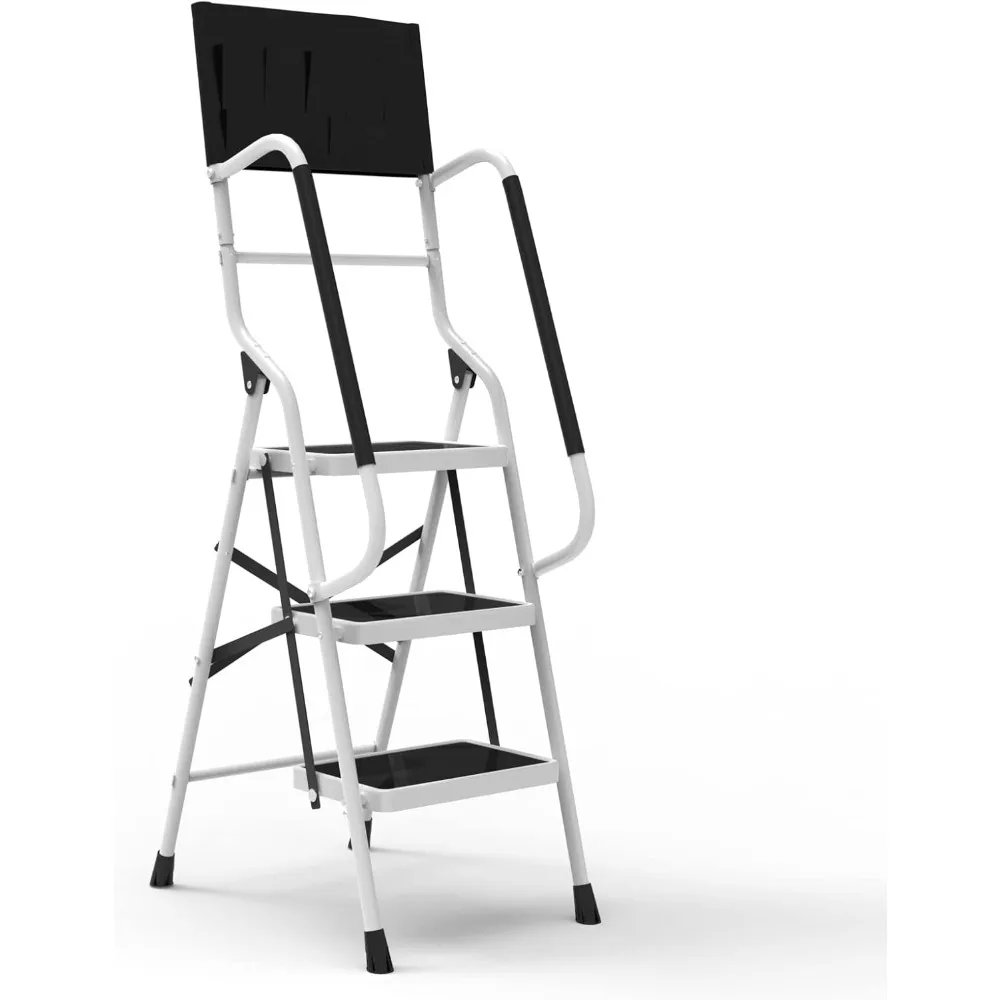 3 Step Ladder Tool Ladder Folding Portable Steel Frame MAX 500 lbs Non-Slip Side armrests Large Area Pedals Detachable ToolBag
