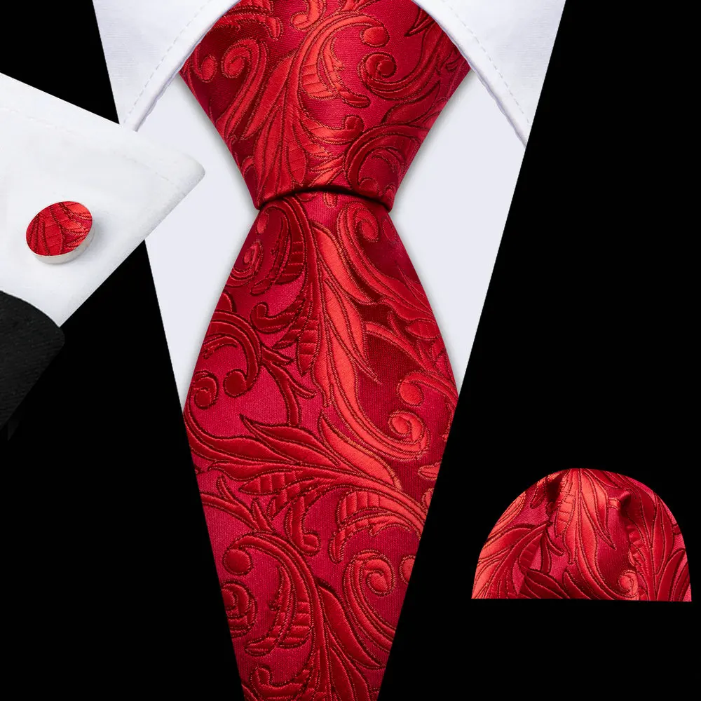 

Barry.Wang Red Silk Men Tie With Pocket Square Cufflink Sets Exquisiet Floral Necktie Male Formal Designer Party Gifts Business