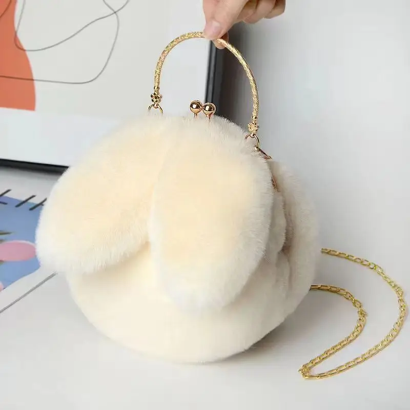 

Niche design cute bunny ears plush handbag versatile chain crossbody bag mobile phone bag fashionable round bag