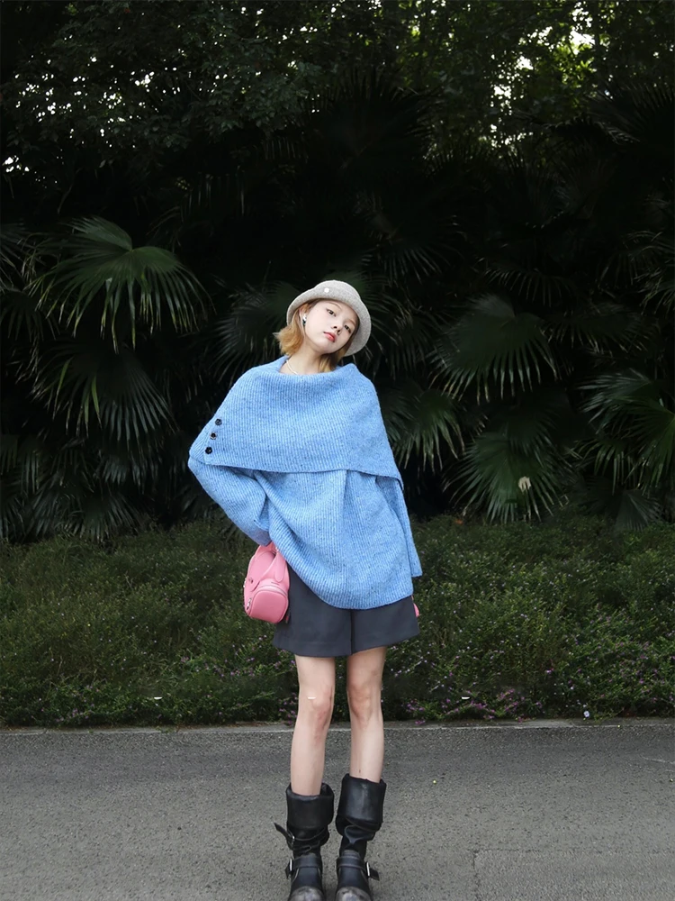 เสื้อสเวตเตอร์ไหมพรมคอปกใหญ่ทรงสลิมฟิต ป้องกันริ้วรอย สำหรับผู้หญิง ฤดูใบไม้ร่วง ฤดูหนาว สไตล์ลำลอง ความยาวปานกลาง