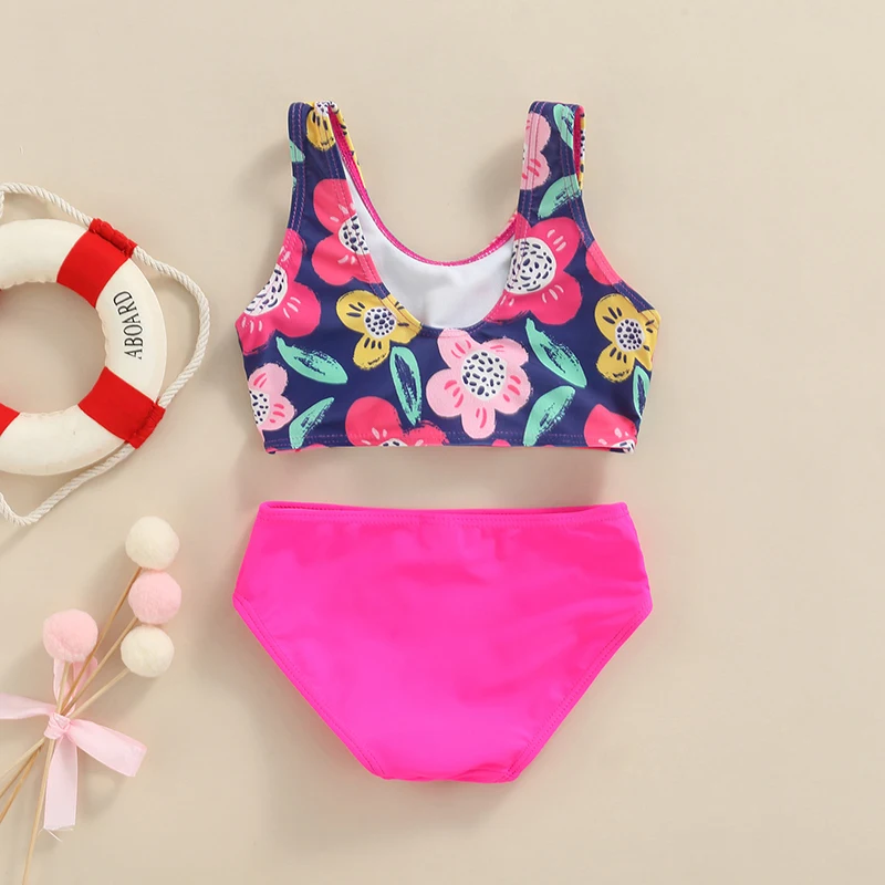 Baby Girl´s Two Pieces Swimwear Suit Letter Floral Print Front Twist Knot Vest Tops with Underpants Children\'s Swimsuit Summer