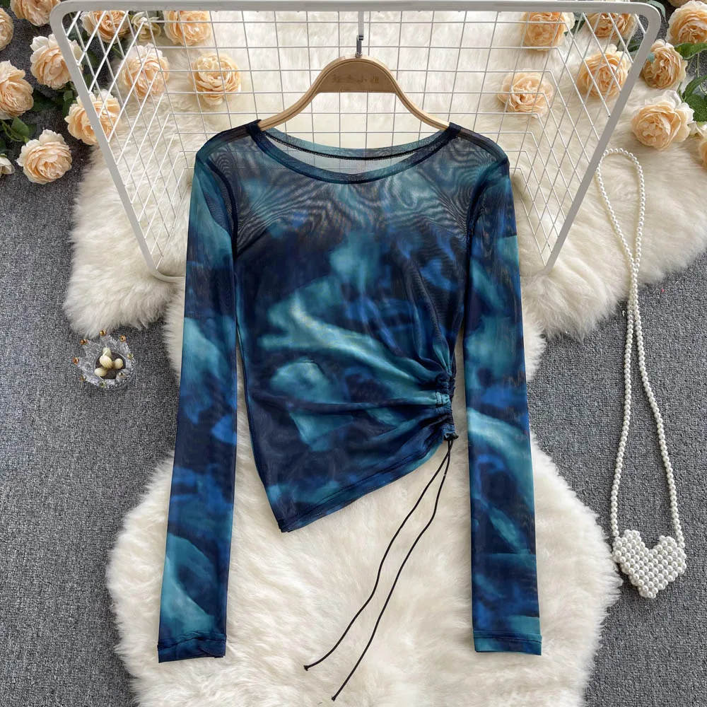 Women Mesh Tie Dye Long Sleeve T Shirt Bodycone Sheer O Neck Tops Female Shirring Tees Y2k Tops Crop Top Summer