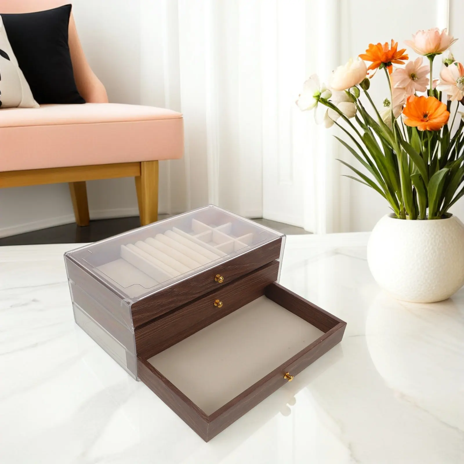 

Retro Wood Jewelry Organizer 3 Layer Vintage Style Box for Women Bedroom Vanity Storage Rings Necklaces Bracelets Earrings