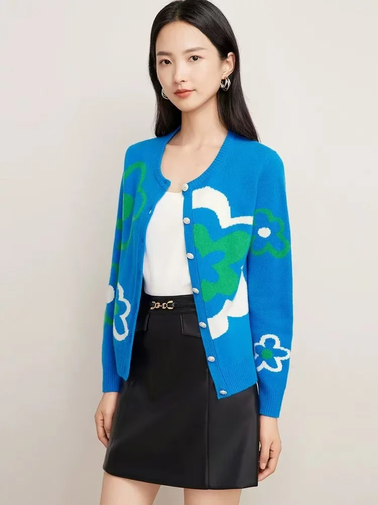 Azul jacquard malha camisola cardigan feminino elegante moda senhoras malhas topos manga longa o pescoço casual chique jumpers 2025