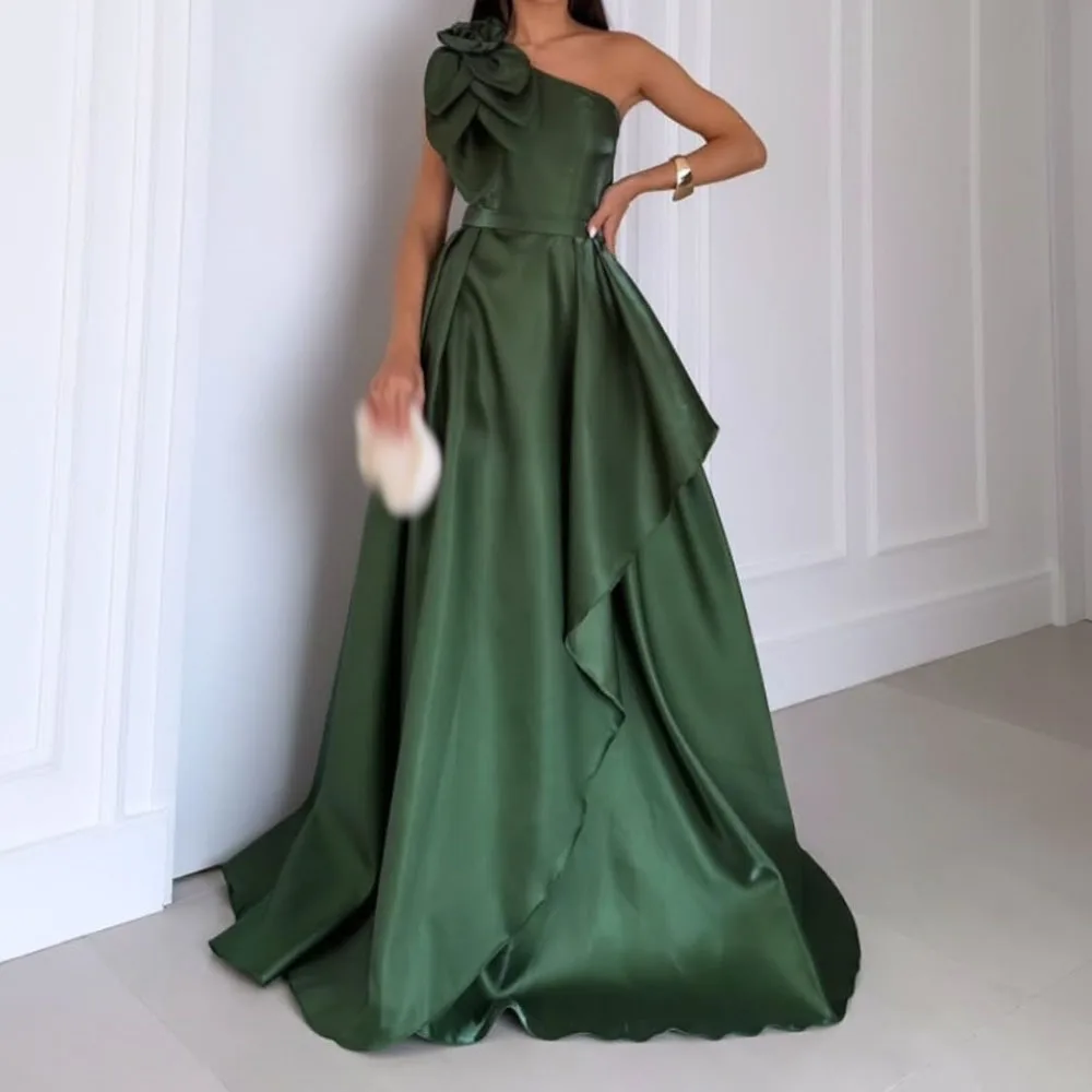 

Customized A-Line Prom Dresses Floor-Length One-Shoulder Sleeveless Evening Gown Simple Fashion Draped Backless Party Gown