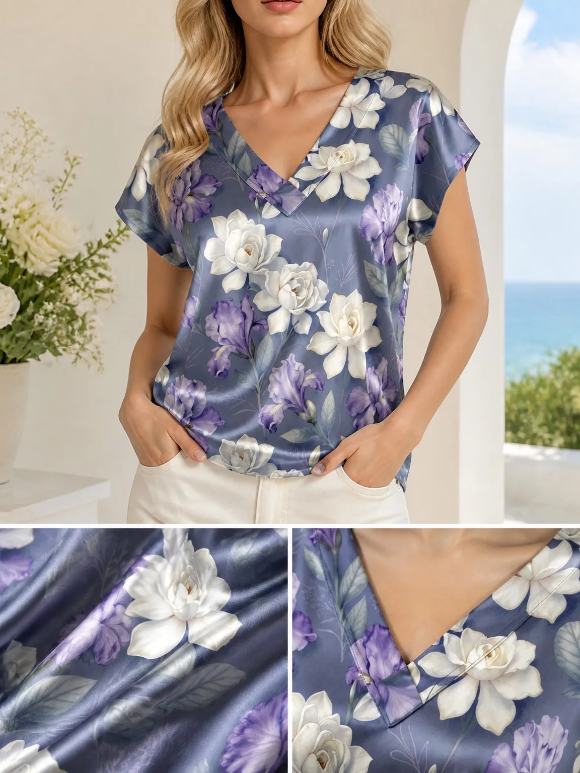 Floral Satin V Neck Top for Women Cap Sleeve Relaxed Draped Fit Silky Soft Resort Weekend Wear Lightweight Breathable Smart Glam