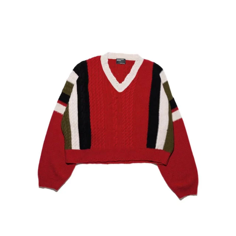 

American Retro Color Blocking V-neck Knitted Wide Pullover Sweater for Men Women Sweaters
