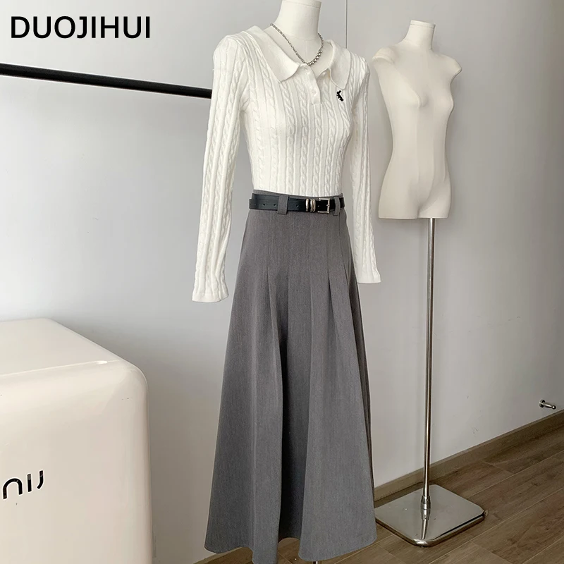 DUOJIHUI Two Piece Autumn Polo Neck Female Pullover Chicly Belt Slim Waist Skirt Basic Loose Long Sleeve Sweater Women Pullover