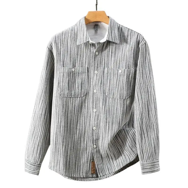 Retro Spring Autumn New Fashion Striped Lapel Men\'s Cotton Polyester Pocket Casual Shirts For Men Loose High Street Clothes Tops