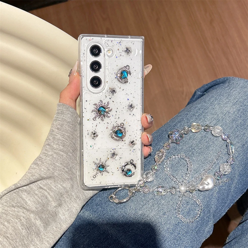 Exotic Luxury Sparkly Sun Star Charms Glitter Clear Phone Case for Samsung Galaxy Z Fold 7 Bead Wrist Strap Cover for Z Flip 7-3
