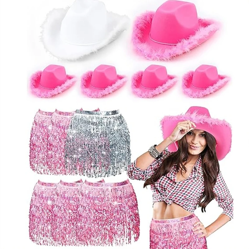 Woman Cowgirl Hat with Sequins Skirt Set Elegant Cowgirl Hat Bride Wedding Hat