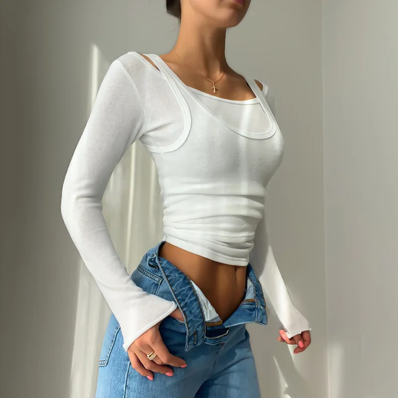 Cryptographic Autumn Winter Knit Long Sleeve Irregular T-shirts Slim Fake Two Piece Cropped Tops for Women Casual Basic Clothes