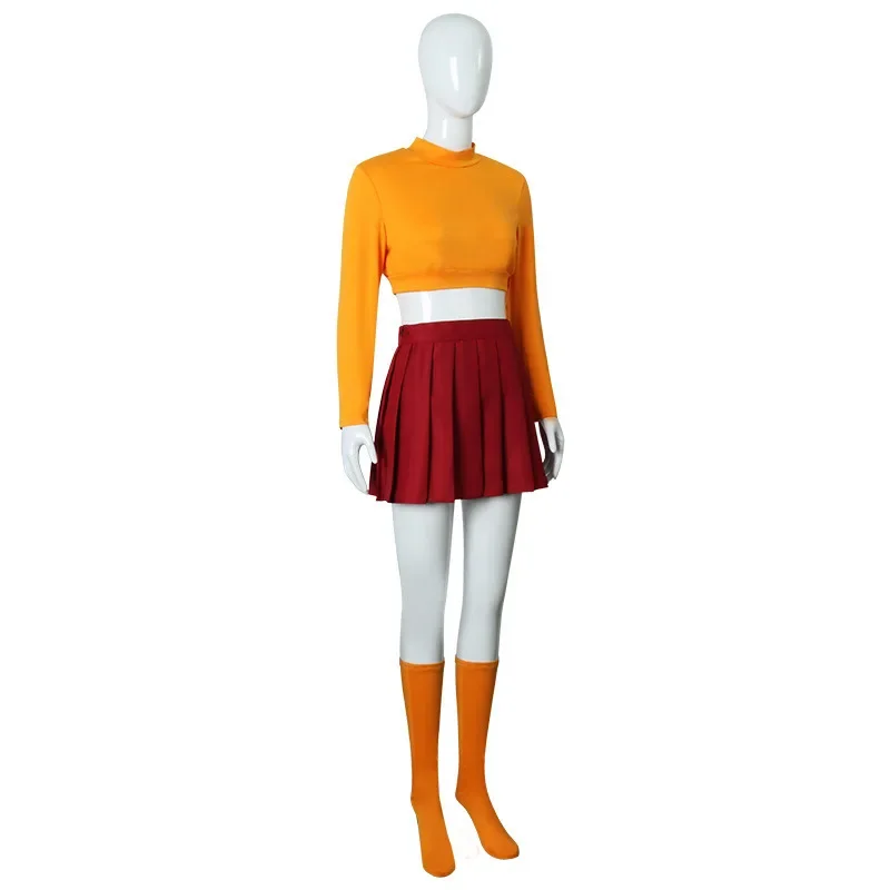 Anime velma uniforme cosplay traje laranja saia curta uniforme feminino laranja vestidos meias festa de halloween carnaval conjunto