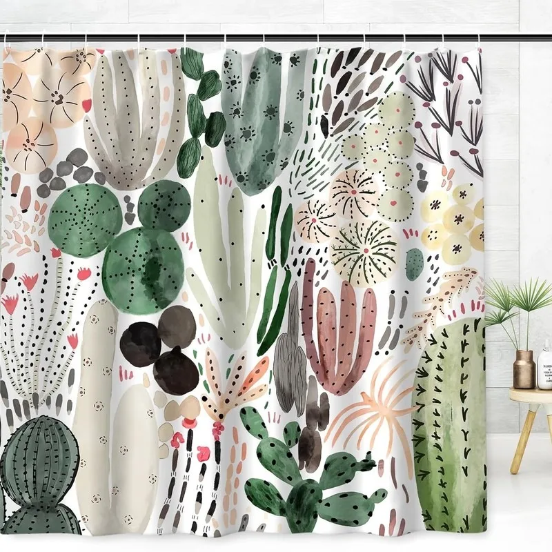 Watercolor Hand Painted Cactus Green Plant Shower Curtain No Drilling Waterproof Bathroom Curtain with 12 Hooks
