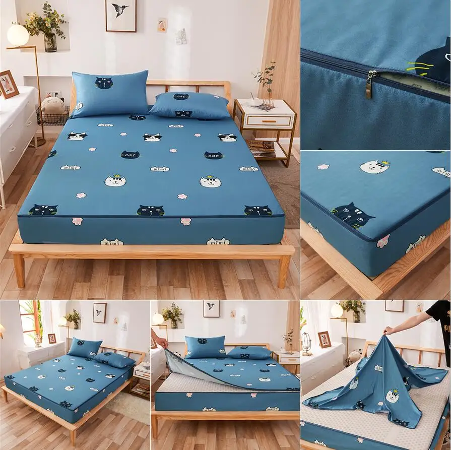 Zipper Detachable Mattress Protector, Kawaii Printed Six-sided Fully Enclosed Dust Cover, Double Single Tatami Bed Cover 160x200