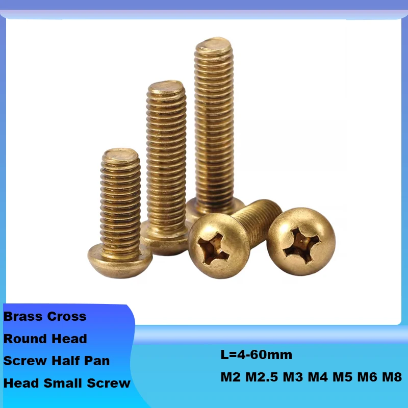 Brass M2 M2.5 M3 M4 M5 M6 M8 L=4-60mm Cross Round Head Screw Half Pan Head Small Screw Steel Cross Round Pan Head Machine Screws