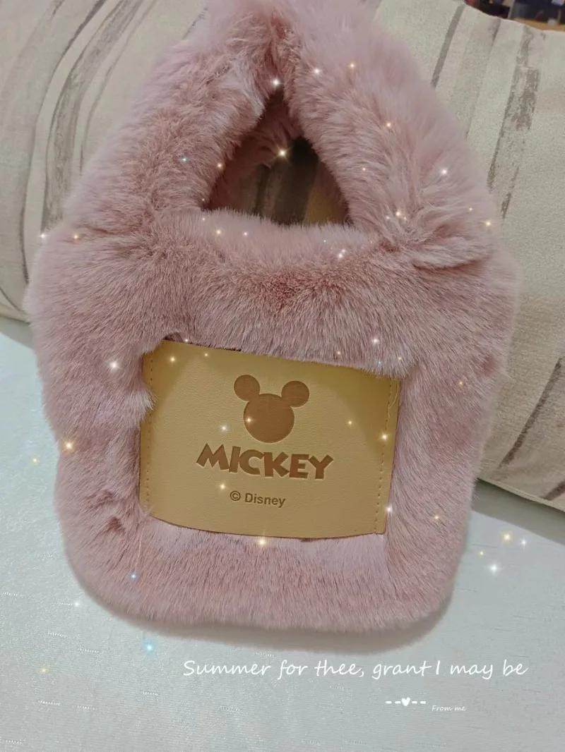 Disney 2024 New Mickey Plush Bucket Bag Internet Celebrity Portable Coin Mobile Phone Bag Cosmetic Bag Fluffy Plush