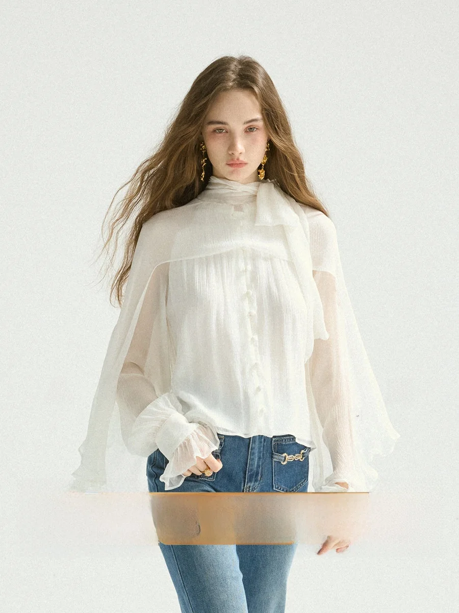 

Retro Silk Chiffon irt with Bow Tie Long Sve Women's Spring Faion Ele Loose Fit Lace Trimed Chiffon Tops