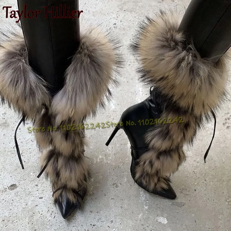 

Taylor Hillier Fur Decor Mid Calf Boots Pointed Toe Solid Stilettos High Heel Shoes For Women Runway High Heels Zapatillas Mujer