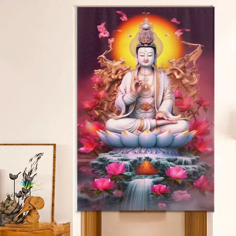 VIKAMA Zen Oriental Lotus Door Curtain Bodhisattva Waterfall Art Print Fabric Chinese Style Home Tea Room Divider Noren Curtain