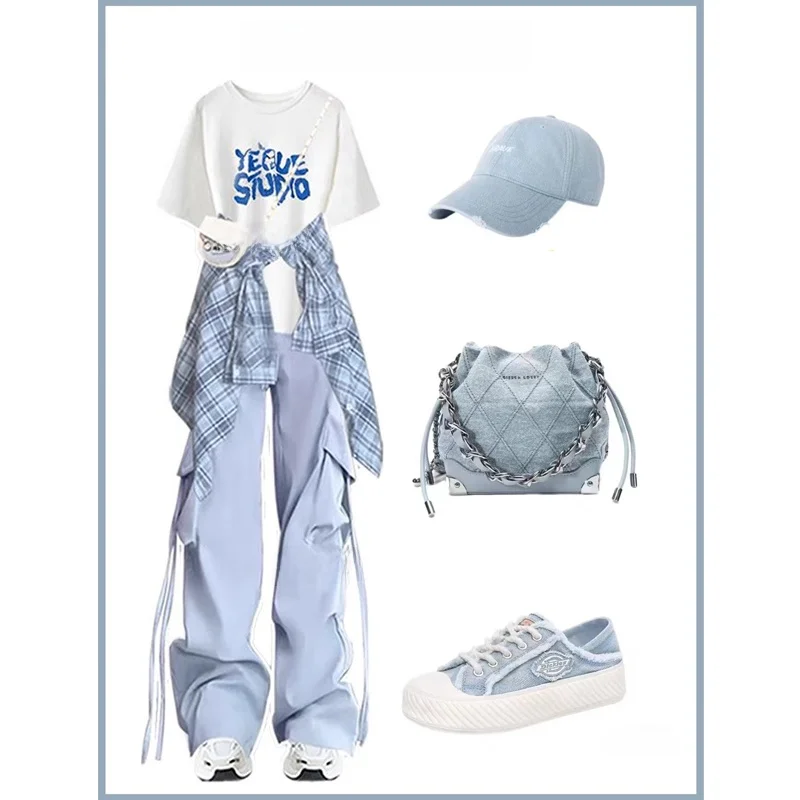 

Женская модная белая рабочая одежда ort Sve irt с защитой от солнца, светло-голубая клетчатая прямая одежда, брюки, комплект из двух предметов, полиэстер...