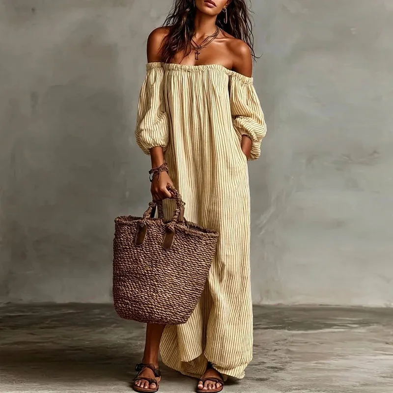 Spring Summer Beach Vacation Maxi Dress Woman Sexy Off Shoulder Puff Sleeve Lon… - Image 5