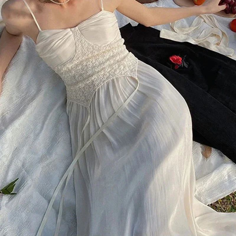 Verão novo francês chique rendas mulheres camis vestido vintage emendado alças plissadas midi vestidos harajuku elegante festa
