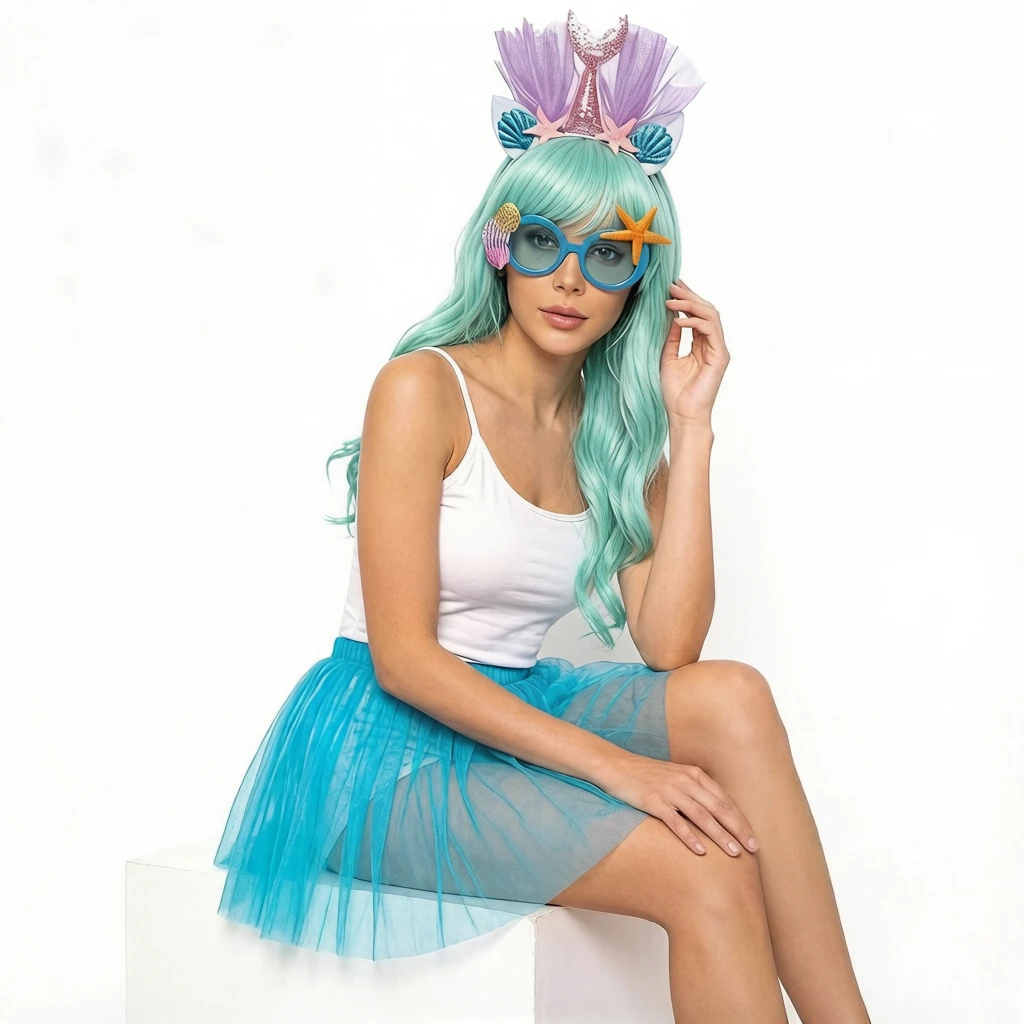 4Pcs Dreamy Mermaid Set with wavy wig, starfish accessories and tulle skirt, ideal for seaside party and cosplay.
