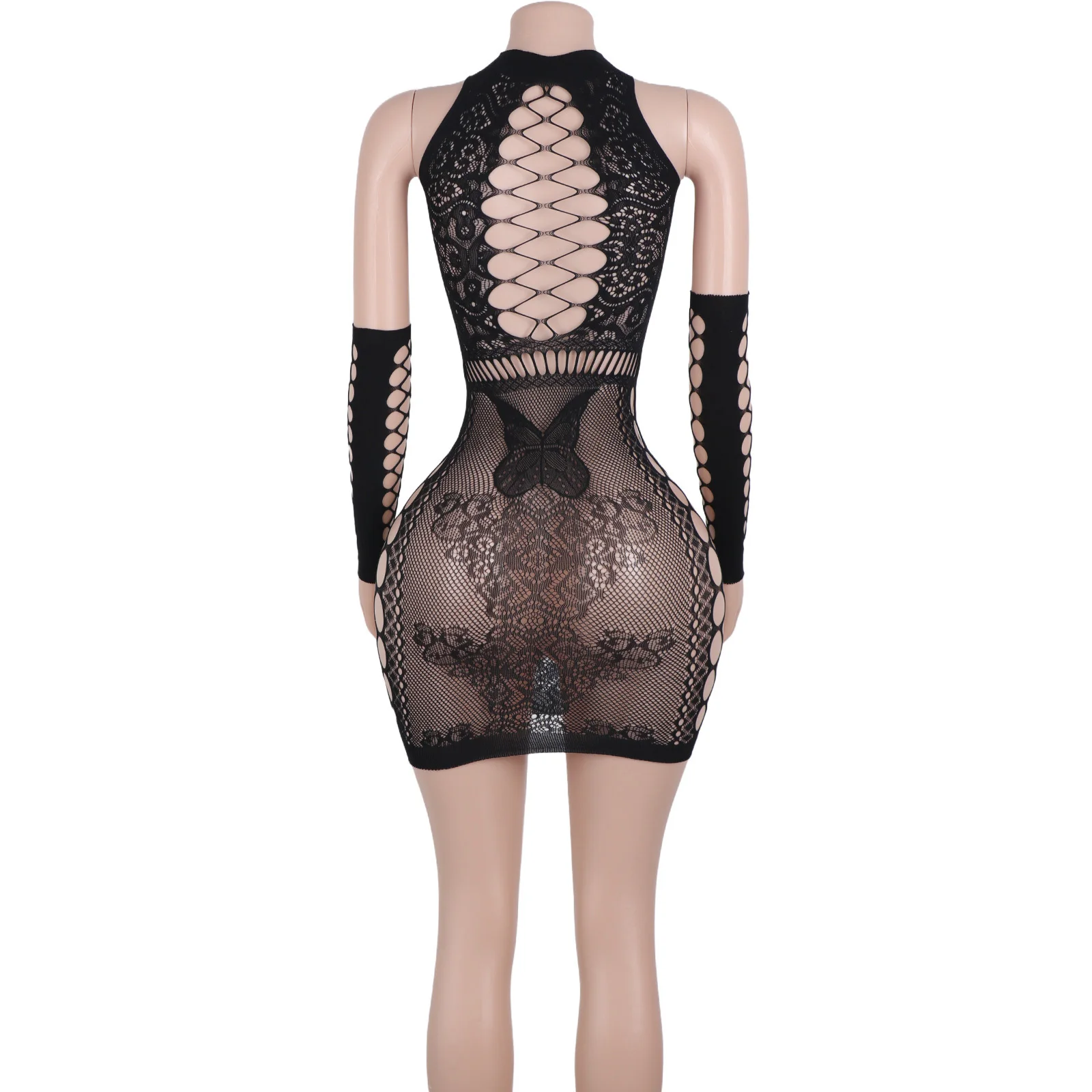 Exotic Dancewear Twerk Sleeves Skirt Backless Women Sheer Net Cutout Mesh Flower Butterfly See Through Dress Stripper Outfits