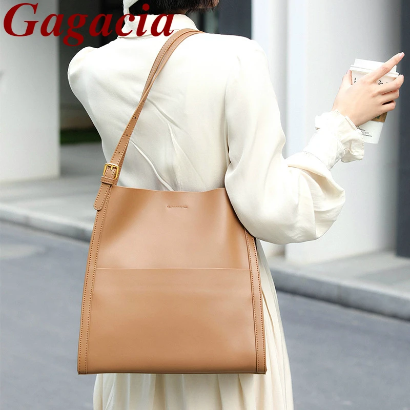 GAGACIA Genuine Leather Shoulder Bag For Women Luxury Designer Magnetic Buckle New High Quality Woman\'s Tote Bags Bucket Handbag