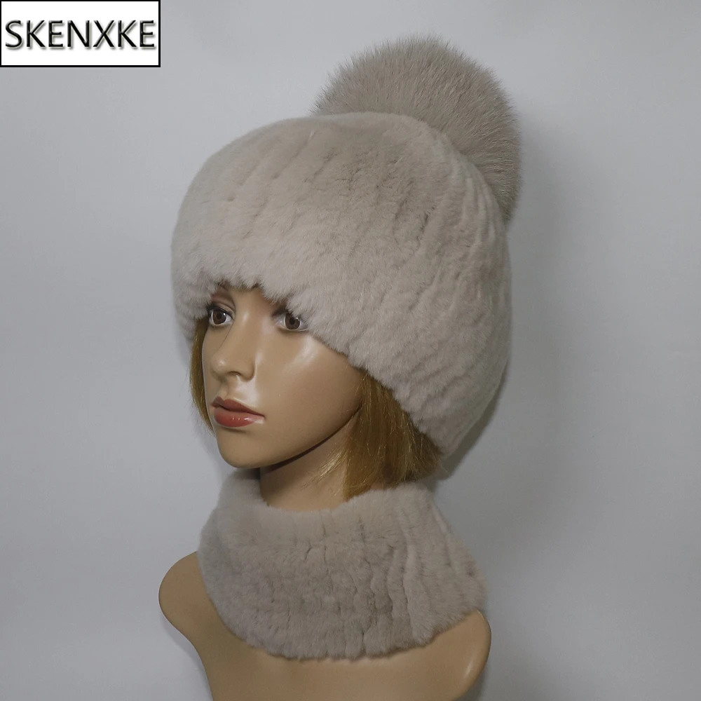 Winter Fur Hat Sacrf Sets Women Warm Soft 100% Real Rex Rabbit Fur Hat Scarves Girls Fluffy Fashion Genuine Fox Fur Pompoms Cap