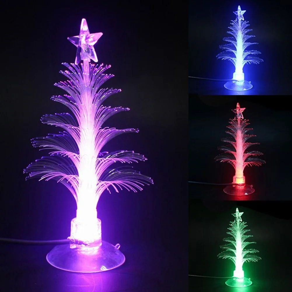 LED Christmas Fiber Tree 7 Colors with Topper Star Luminous USB Power Holiday Decoration with Suction Cup for Home Party Bedroom