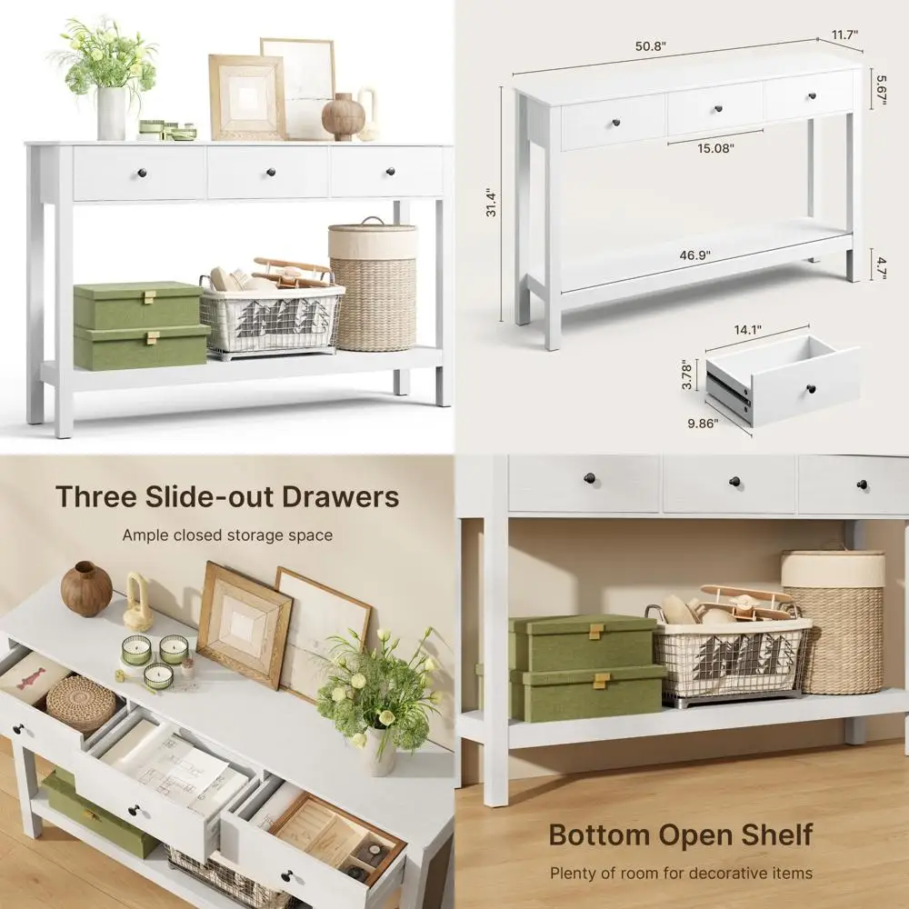 

Modern Large Storage Console Table with Drawers and Open Shelf for Living Room, Entryway, and Hallway