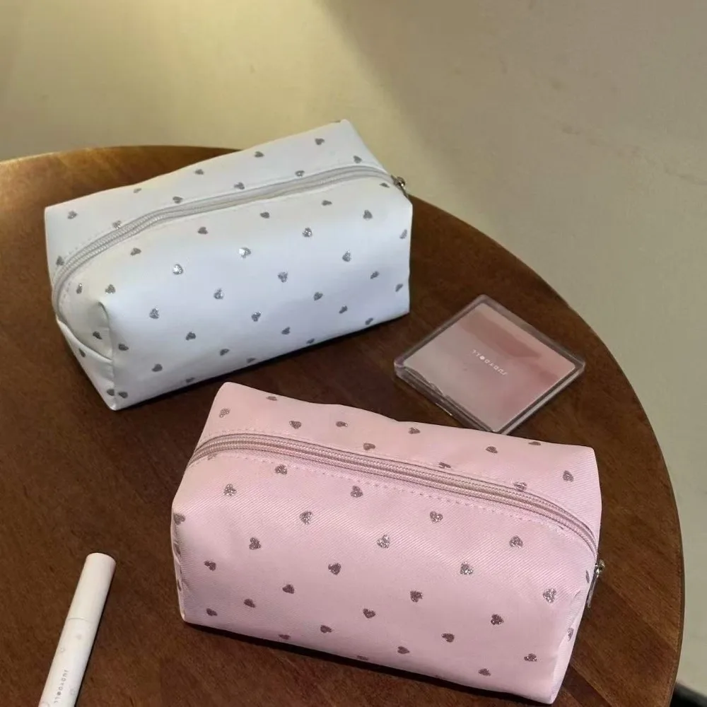 1Pc Heart Print Makeup Bag Portable Large Capacity Toiletry Bag Multi-use Travel Storage Bag Ring Necklace Bracelet Storage