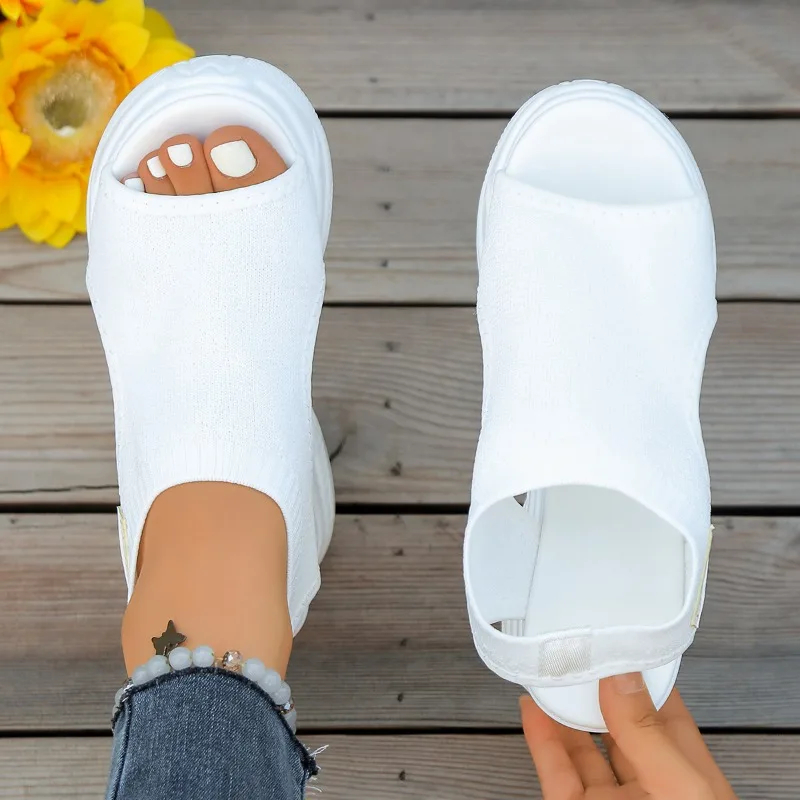 Women's Knitted Sandals Fish-mouth Wind Cake Sole High Heels Summer New Flying Weave Slope Heel Thick Sole Sports Women Sandals