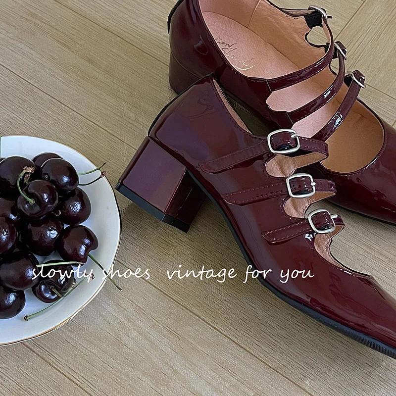 Cow Patent Leather Women Pumps 4cm Mary Jane French Style Spring Atumn Shoes Retro Style High Heel Elegant Buckle Women Shoes