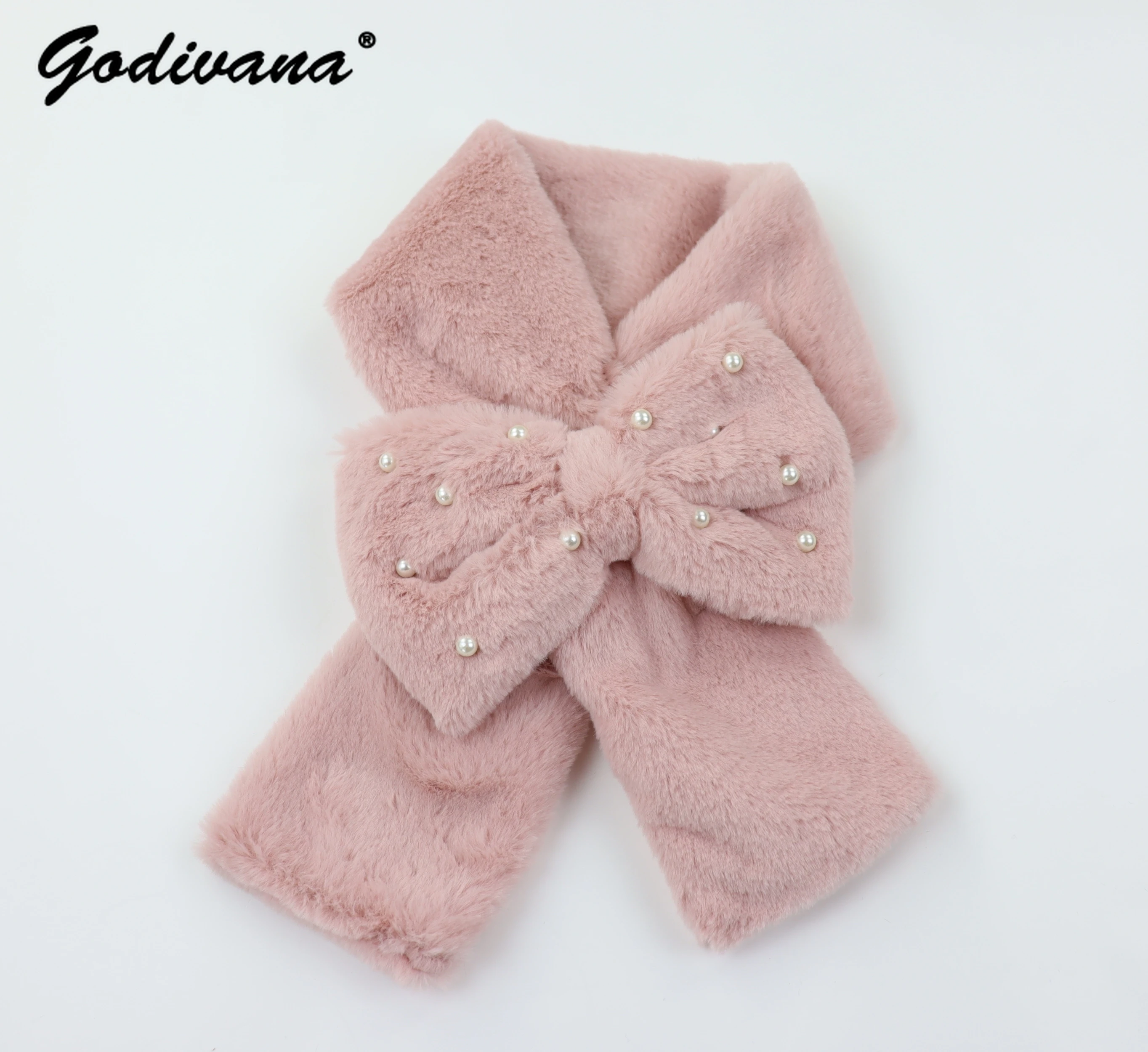 Cute Pearl Beaded Bow Scarf Japanese Plush Imitation Rabbit Hair Sweet Girl Winter Women\'s Warm Neckerchief