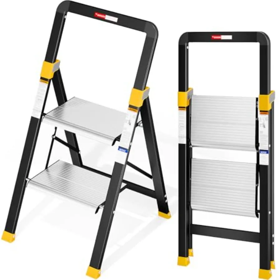 2 Step LadderAluminium Lightweight Folding Step Stool with Anti-Slip Wide Pedals Handrail 330lbs Capacity Ladder for Household