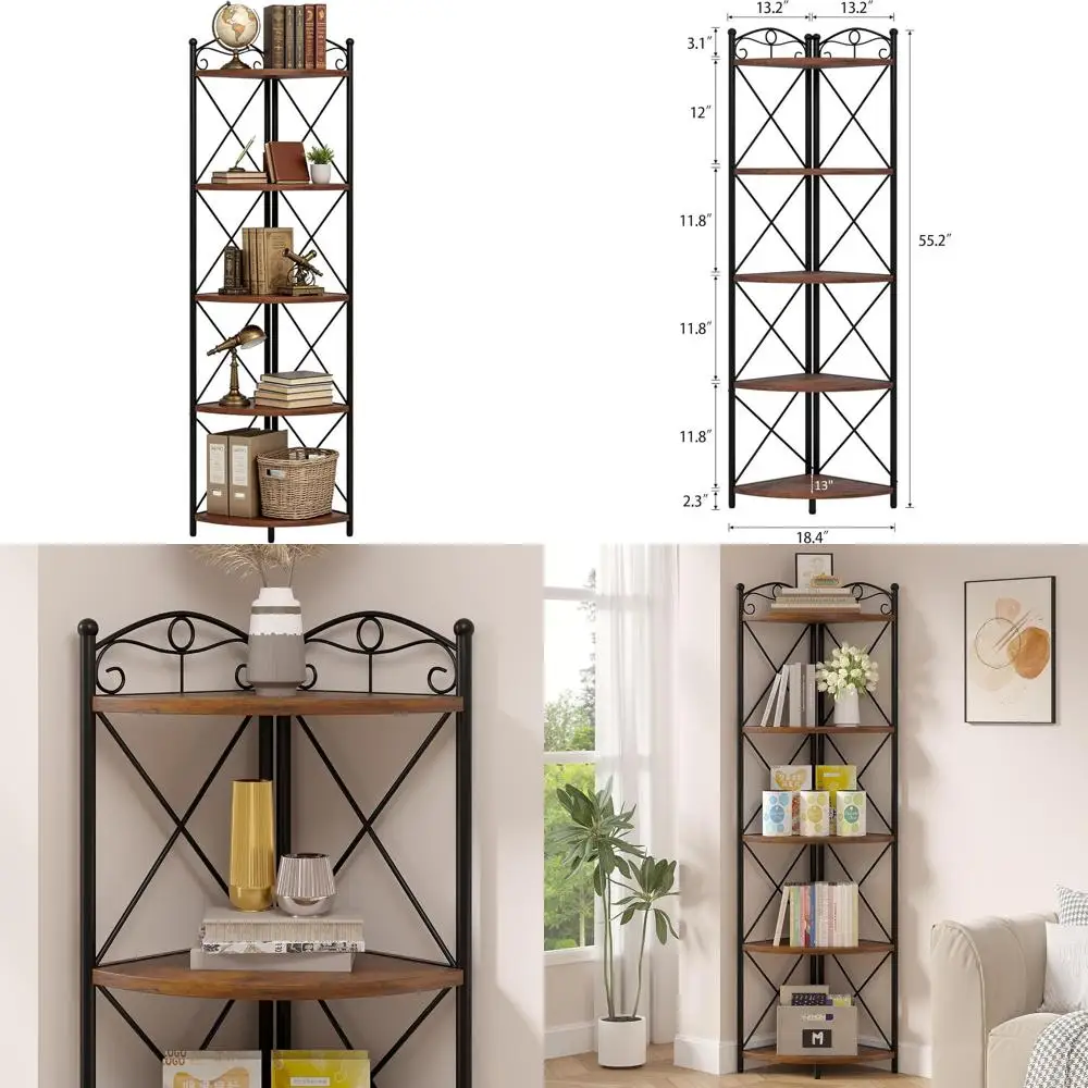 

5-Tier Tall Bookshelf, 55.2 Rustic Brown Storage Shelf for Living Room, Kitchen, Bedroom, or Office