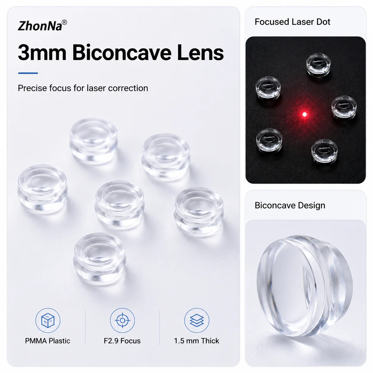 3mm Plastic Biconcave Laser Lens F2.9 Focus 1.5mm PMMA Optical Instrument Lens for Laser Correction Experiment Tools Accessories