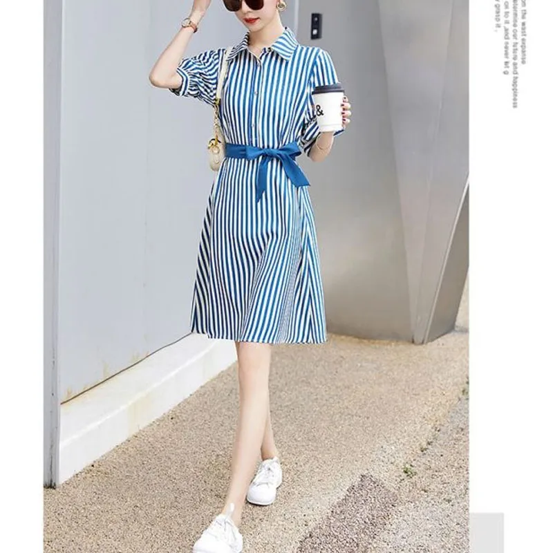 Commuter Minimalist Summer New Women's Square Collar Button Striped Elegant Trendy Slim Comfortable Half Sleeve Lacing Dress