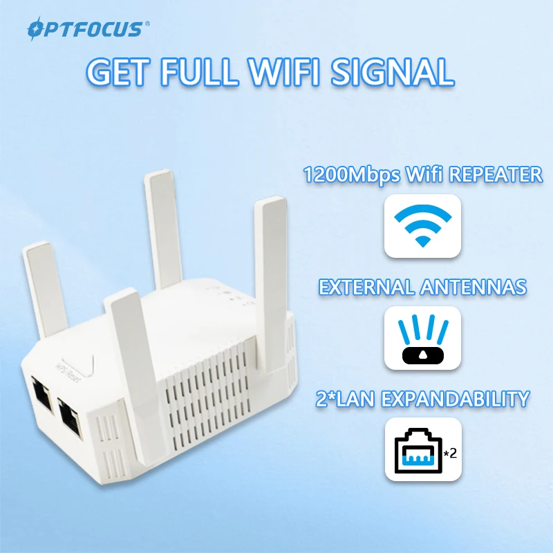 OPTFOCUS 2.4G 5G WiFi Repeater Dual Band 1200Mbps 5Ghz Signal Booster 4 Antennas Wi fi Amplificador Wireless Range Extender