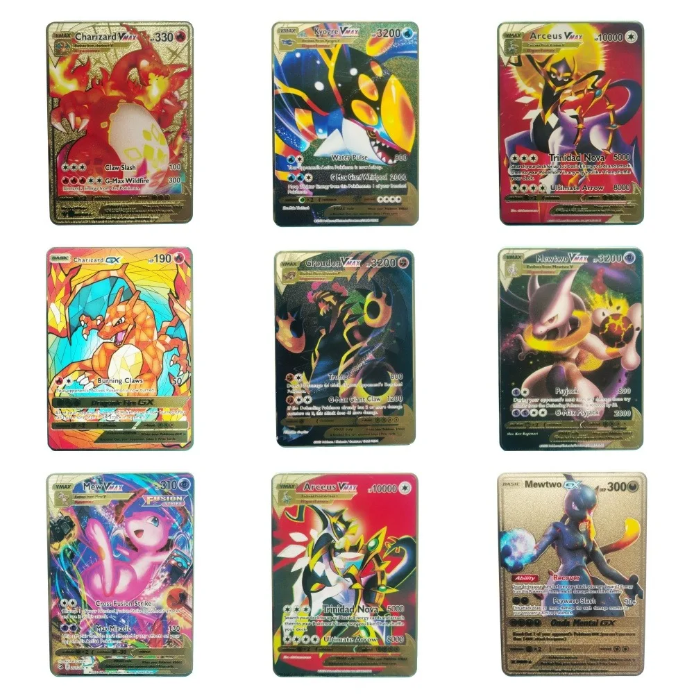 2024 Pokemon English Metal Card Anime Pikachu Charizard Mewtwo Blastoise Vmax Shiny Letters Game Collection Card Kids Toy Gifts